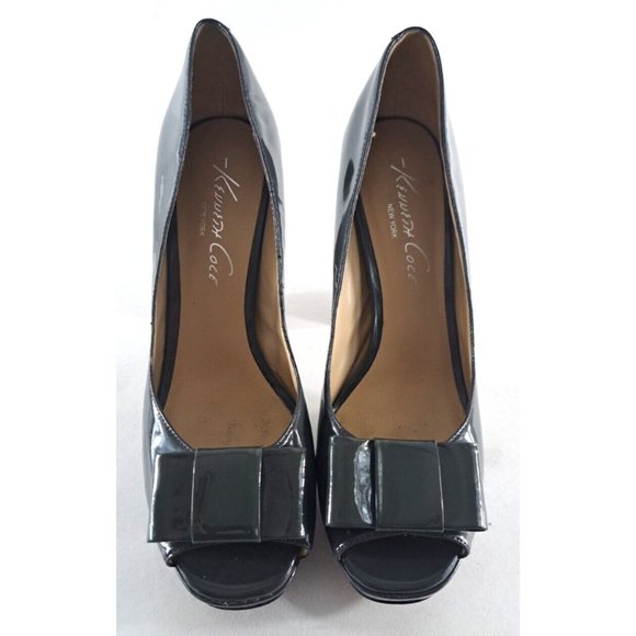 Womens Kenneth Cole Shop It 5" Heels Gray Pewter Chunky Peep Toe Bows Leather 10 - Picture 2 of 8